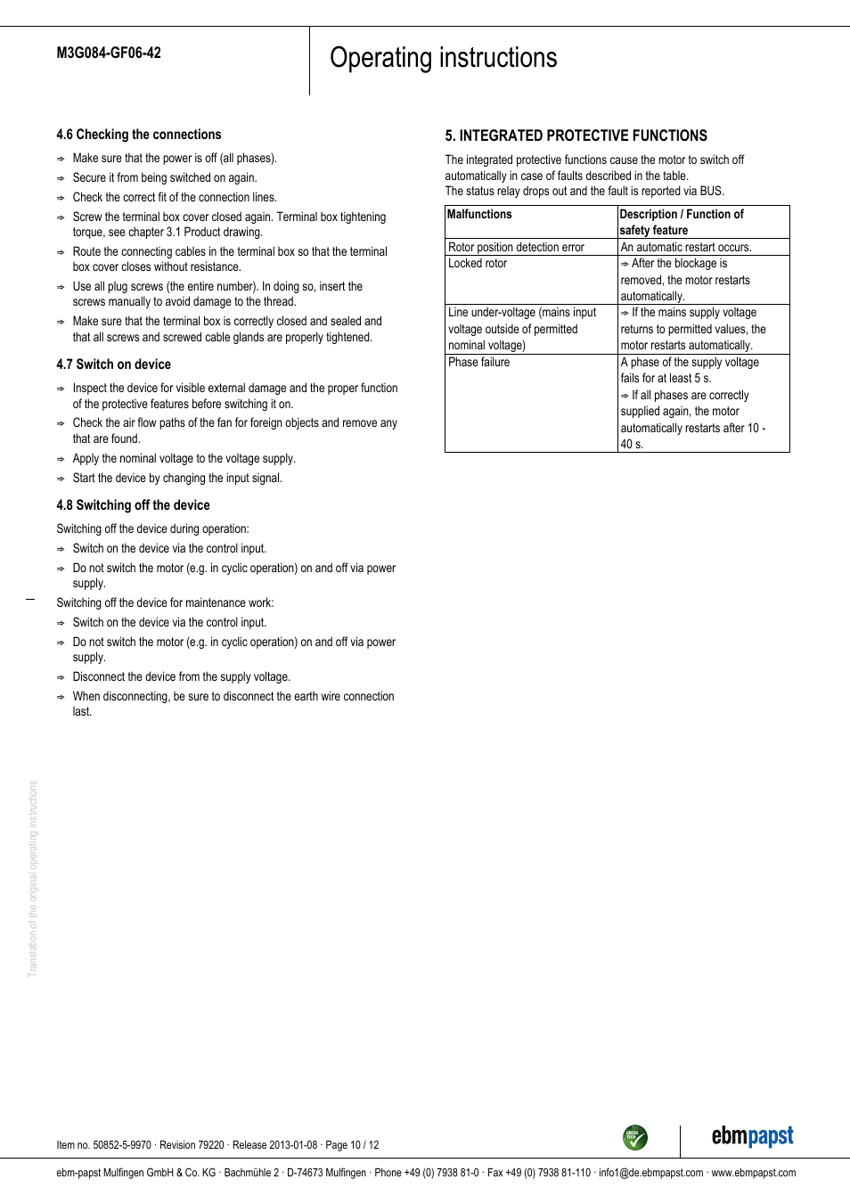 Operating instructions | ebm-papst M3G084-GF06-42 User Manual | Page 10 / 12