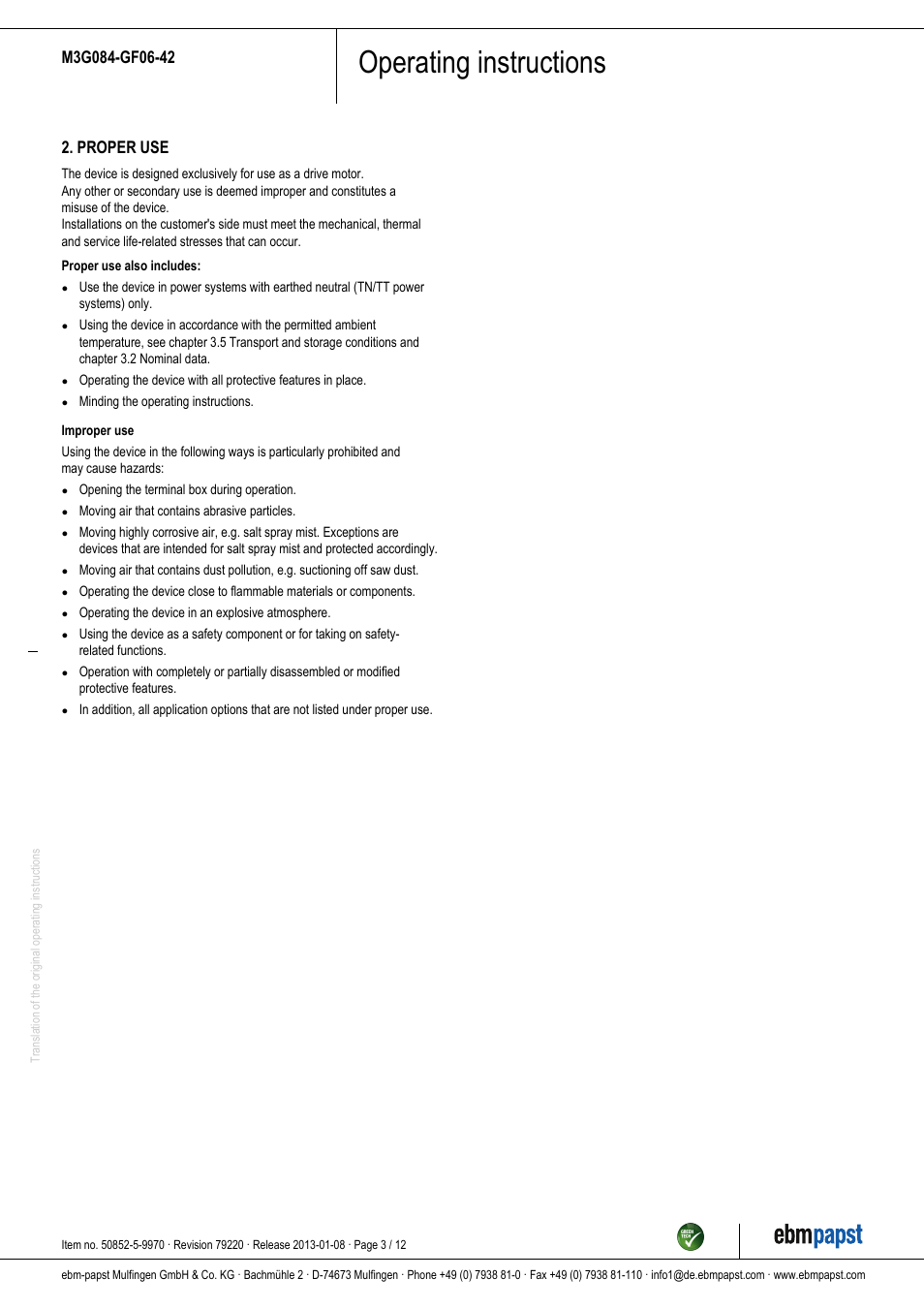 Operating instructions, Proper use | ebm-papst M3G084-GF06-42 User Manual | Page 3 / 12