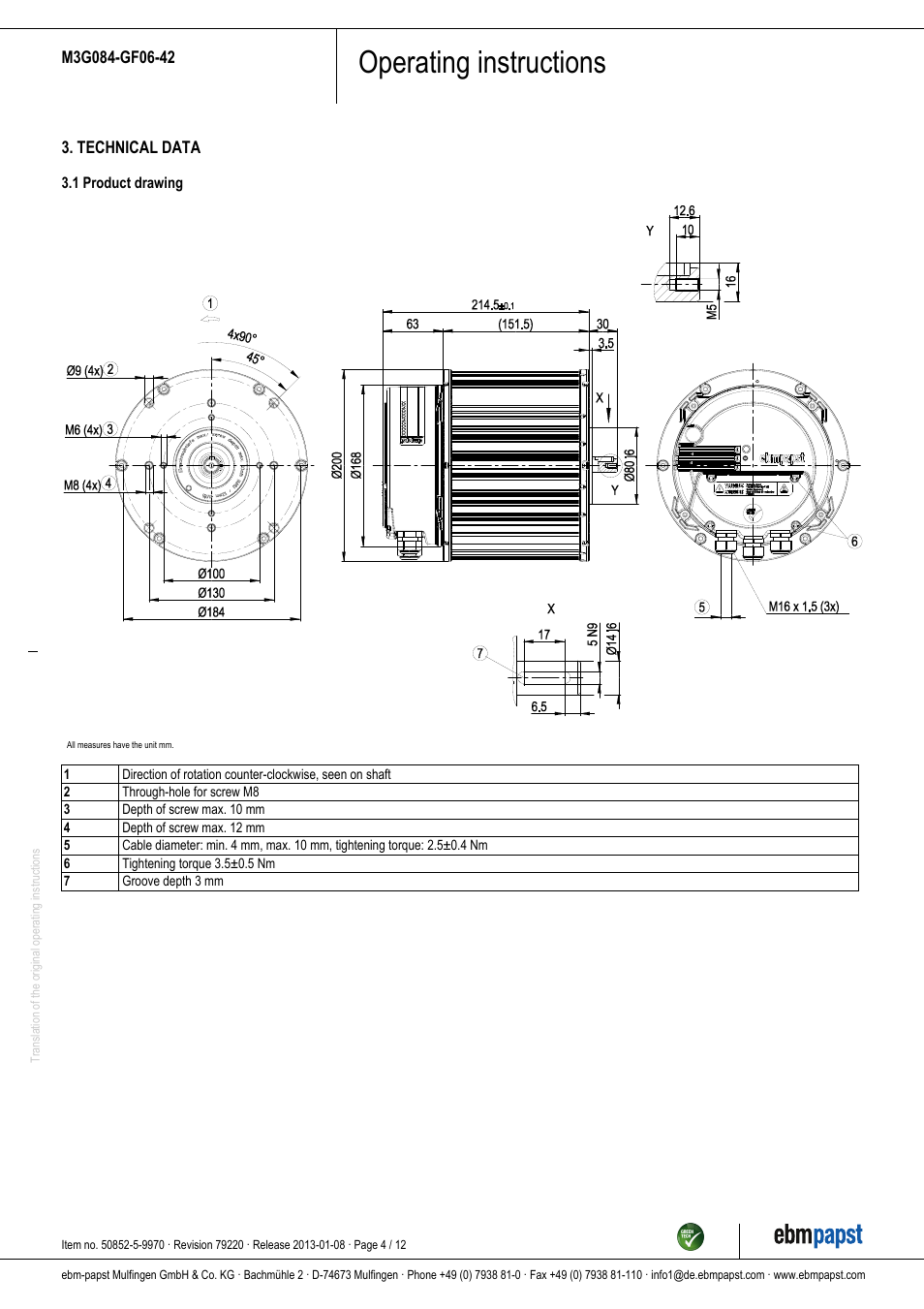 Operating instructions | ebm-papst M3G084-GF06-42 User Manual | Page 4 / 12