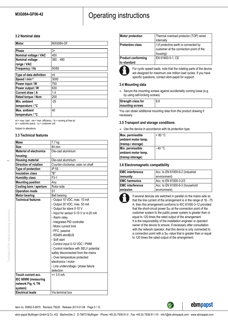 Operating instructions | ebm-papst M3G084-GF06-42 User Manual | Page 5 / 12