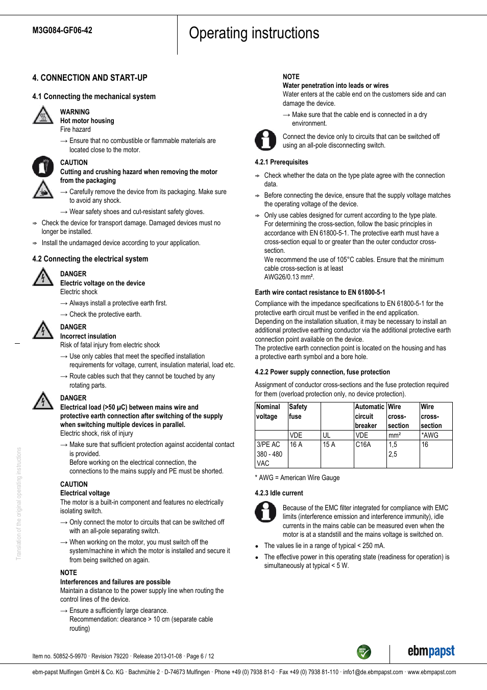 Operating instructions | ebm-papst M3G084-GF06-42 User Manual | Page 6 / 12