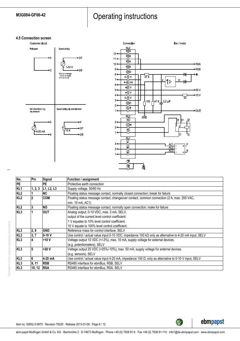 Operating instructions | ebm-papst M3G084-GF06-42 User Manual | Page 9 / 12