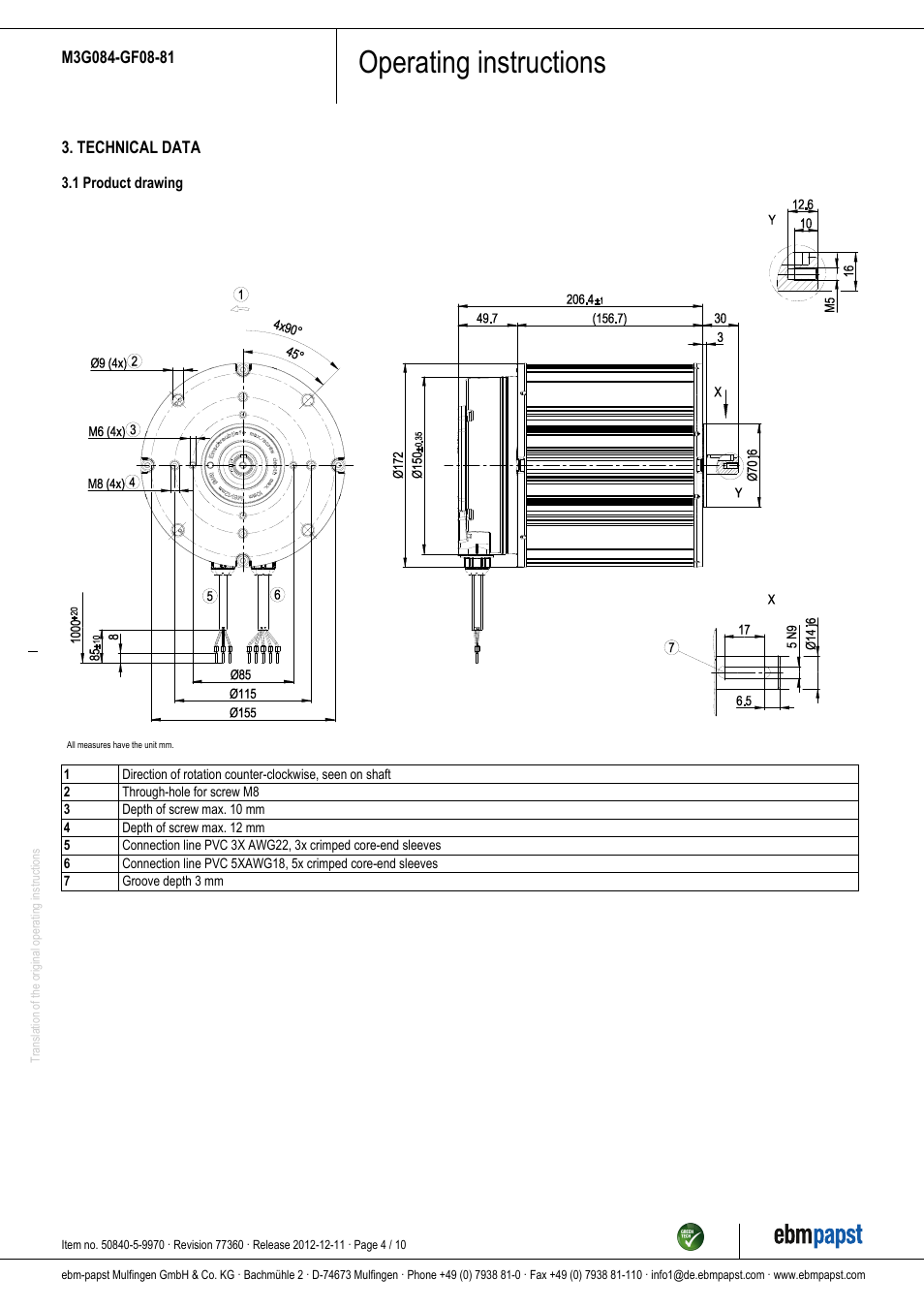 Operating instructions | ebm-papst M3G084-GF08-81 User Manual | Page 4 / 10