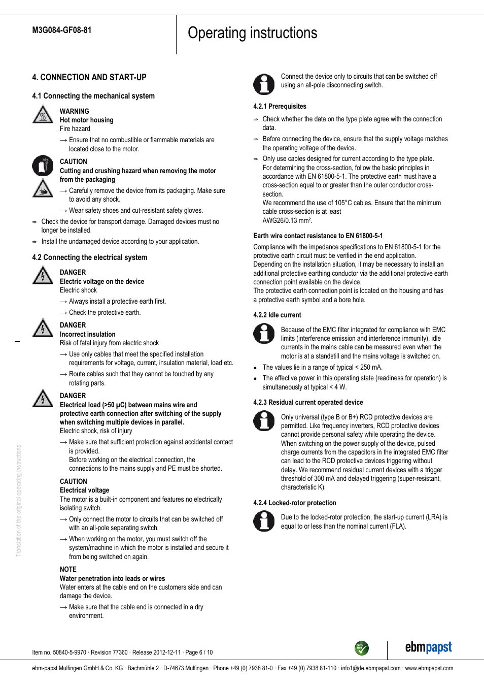 Operating instructions | ebm-papst M3G084-GF08-81 User Manual | Page 6 / 10