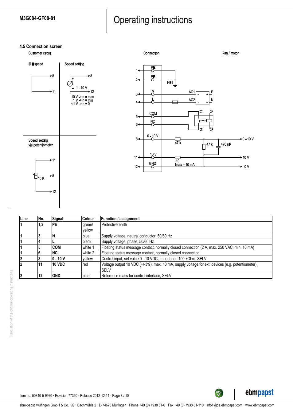 Operating instructions | ebm-papst M3G084-GF08-81 User Manual | Page 8 / 10