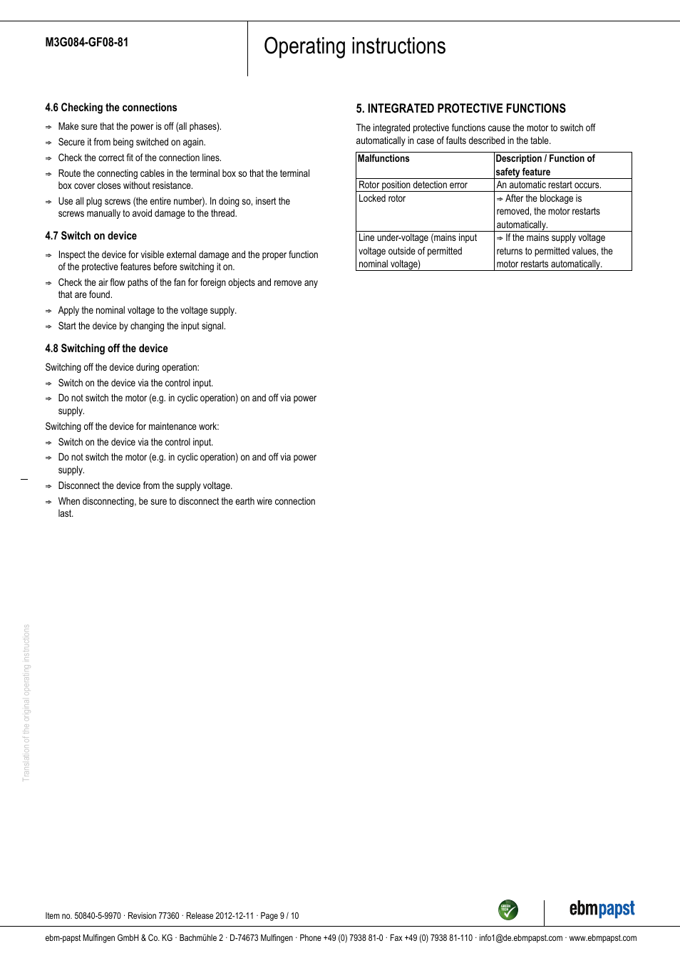 Operating instructions | ebm-papst M3G084-GF08-81 User Manual | Page 9 / 10