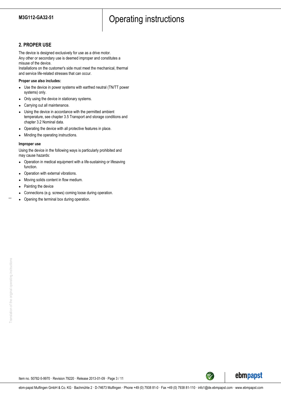 Operating instructions, Proper use | ebm-papst M3G112-GA32-51 User Manual | Page 3 / 11