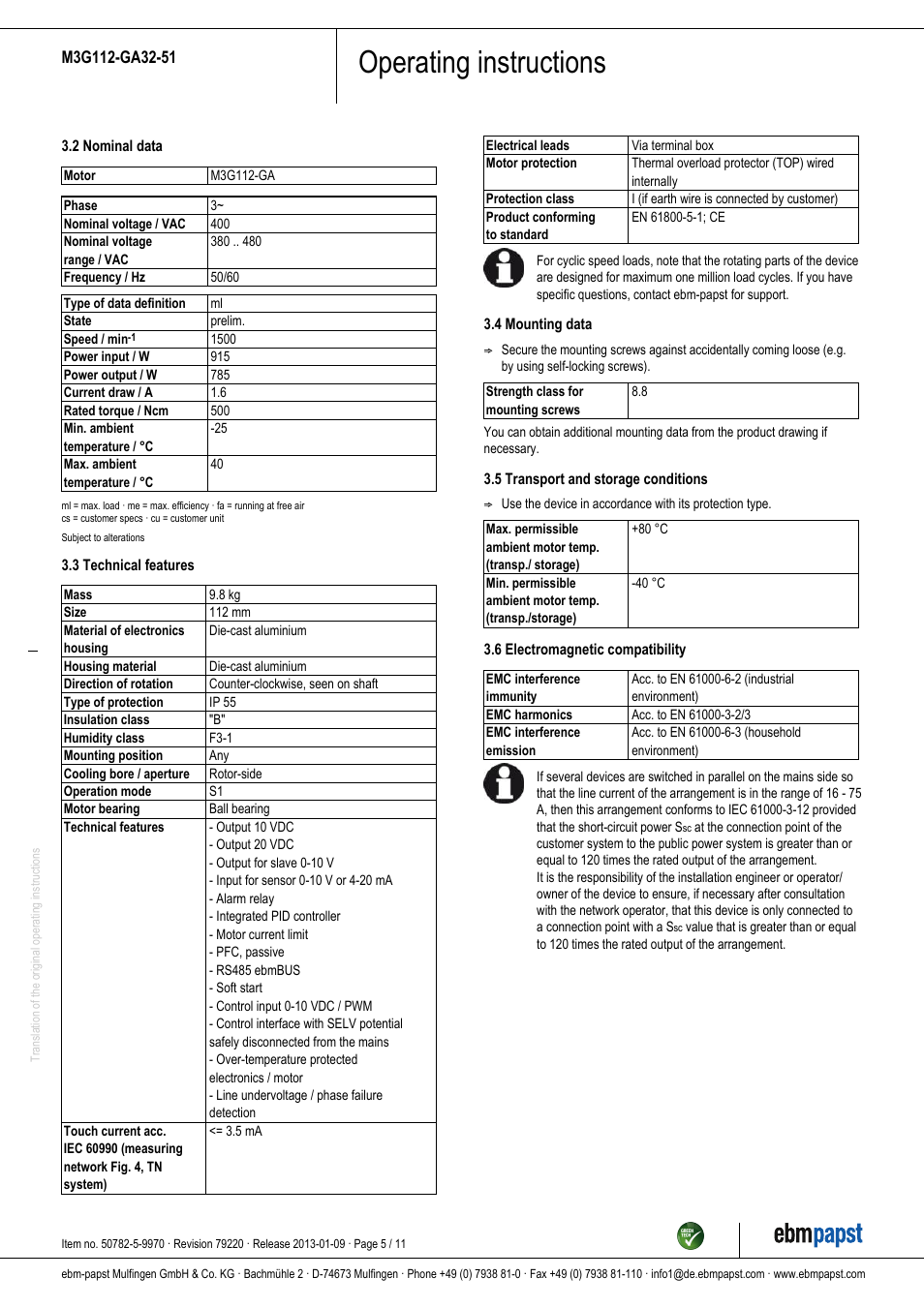 Operating instructions | ebm-papst M3G112-GA32-51 User Manual | Page 5 / 11