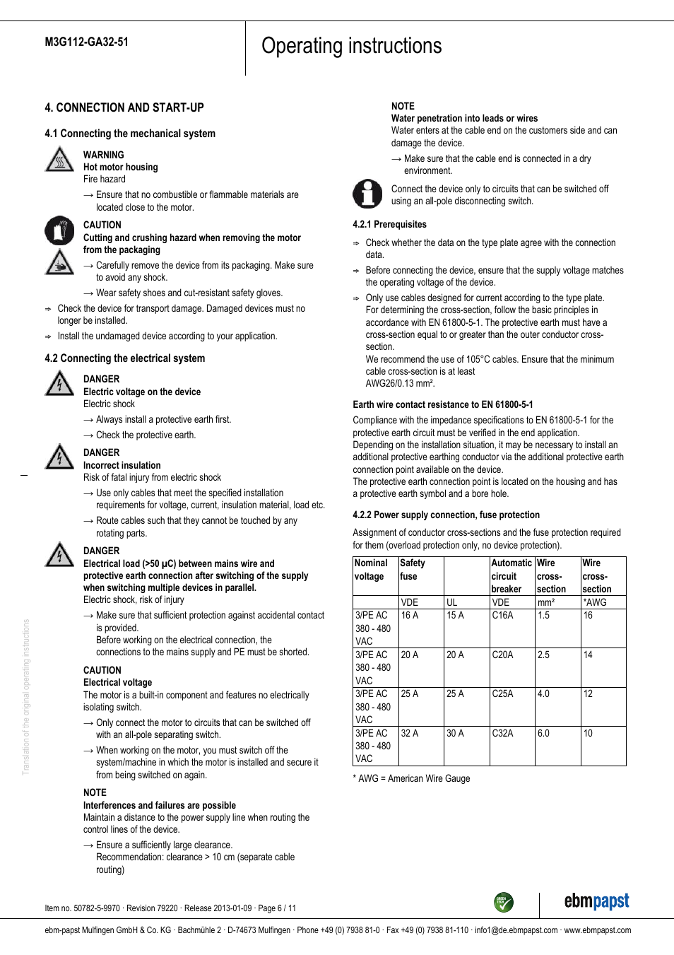 Operating instructions | ebm-papst M3G112-GA32-51 User Manual | Page 6 / 11
