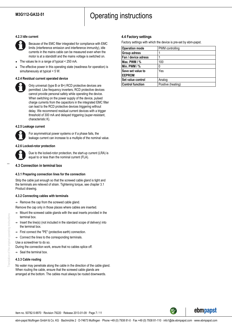 Operating instructions | ebm-papst M3G112-GA32-51 User Manual | Page 7 / 11