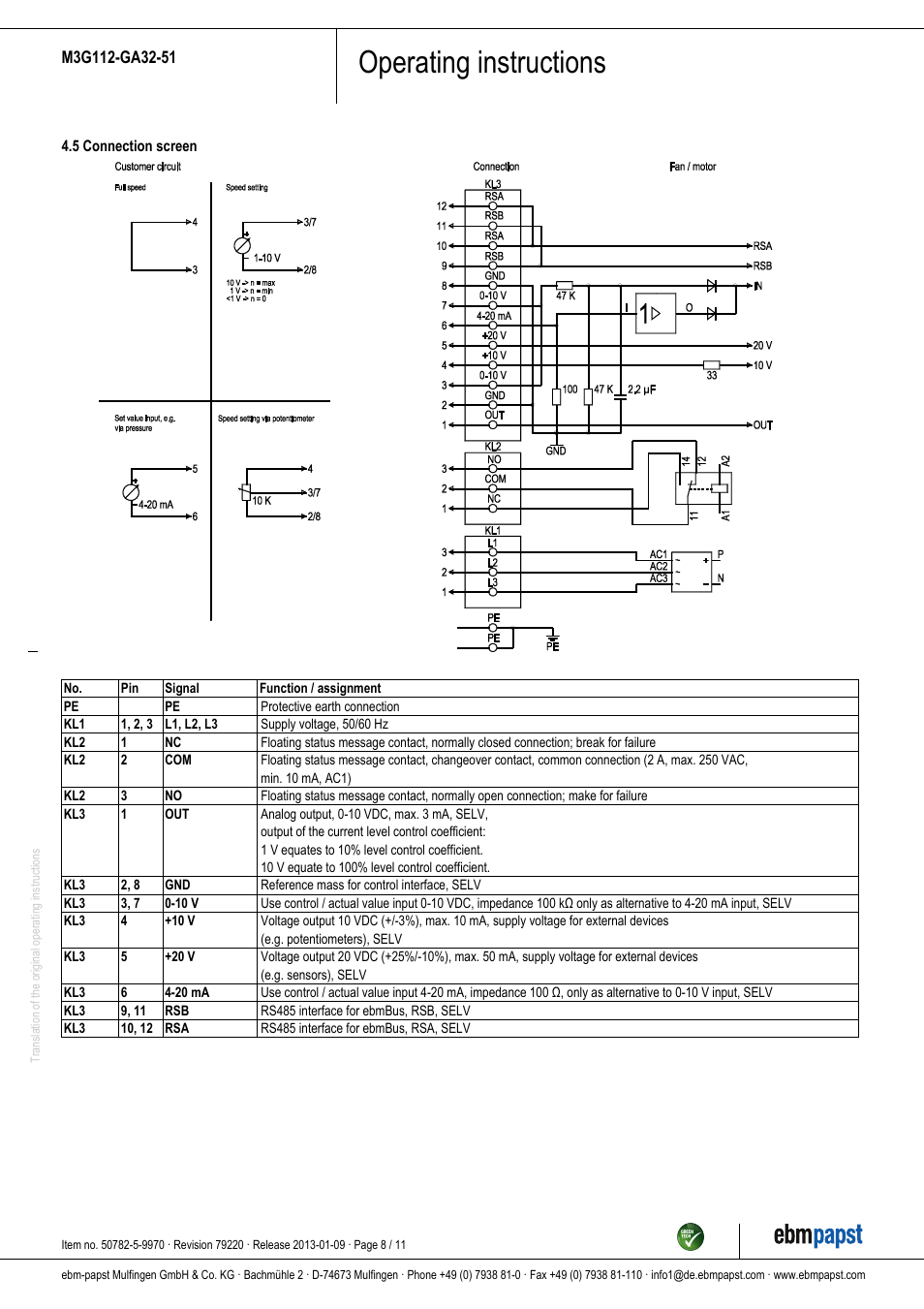 Operating instructions | ebm-papst M3G112-GA32-51 User Manual | Page 8 / 11