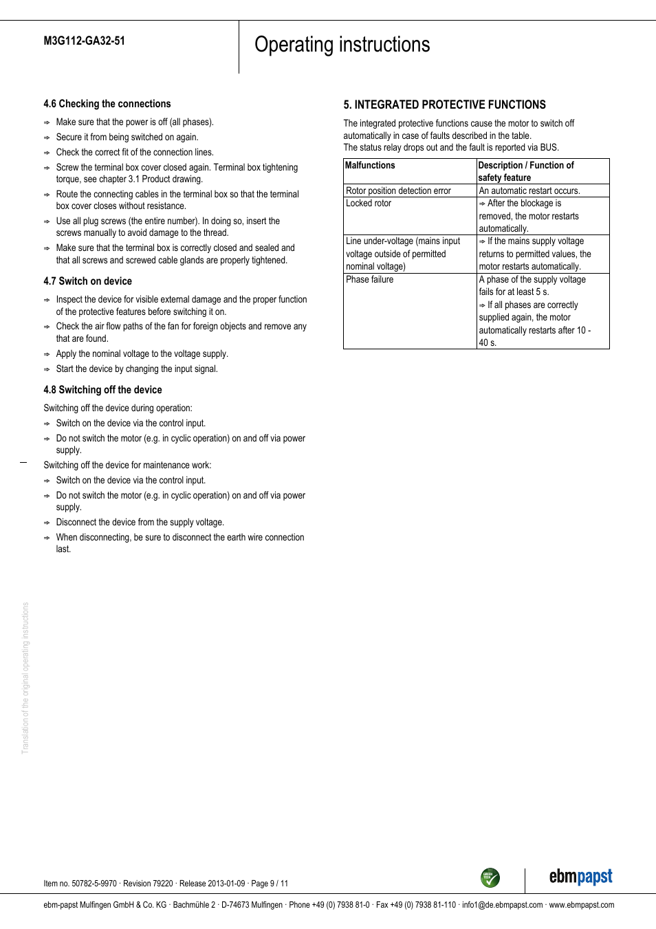 Operating instructions | ebm-papst M3G112-GA32-51 User Manual | Page 9 / 11