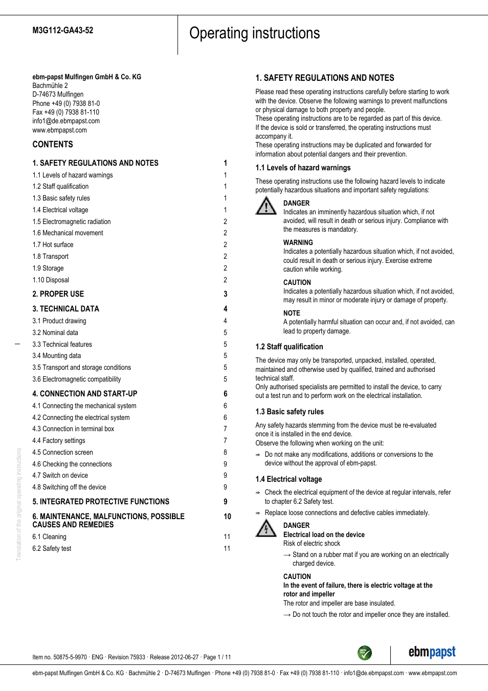 ebm-papst M3G112-GA43-52 User Manual | 11 pages