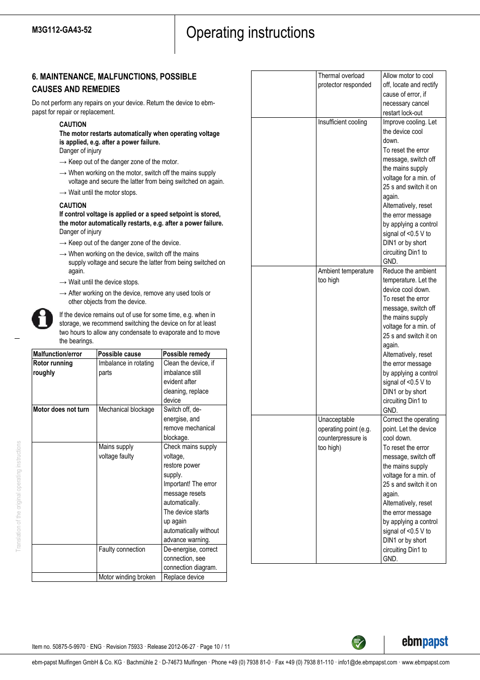 Operating instructions | ebm-papst M3G112-GA43-52 User Manual | Page 10 / 11