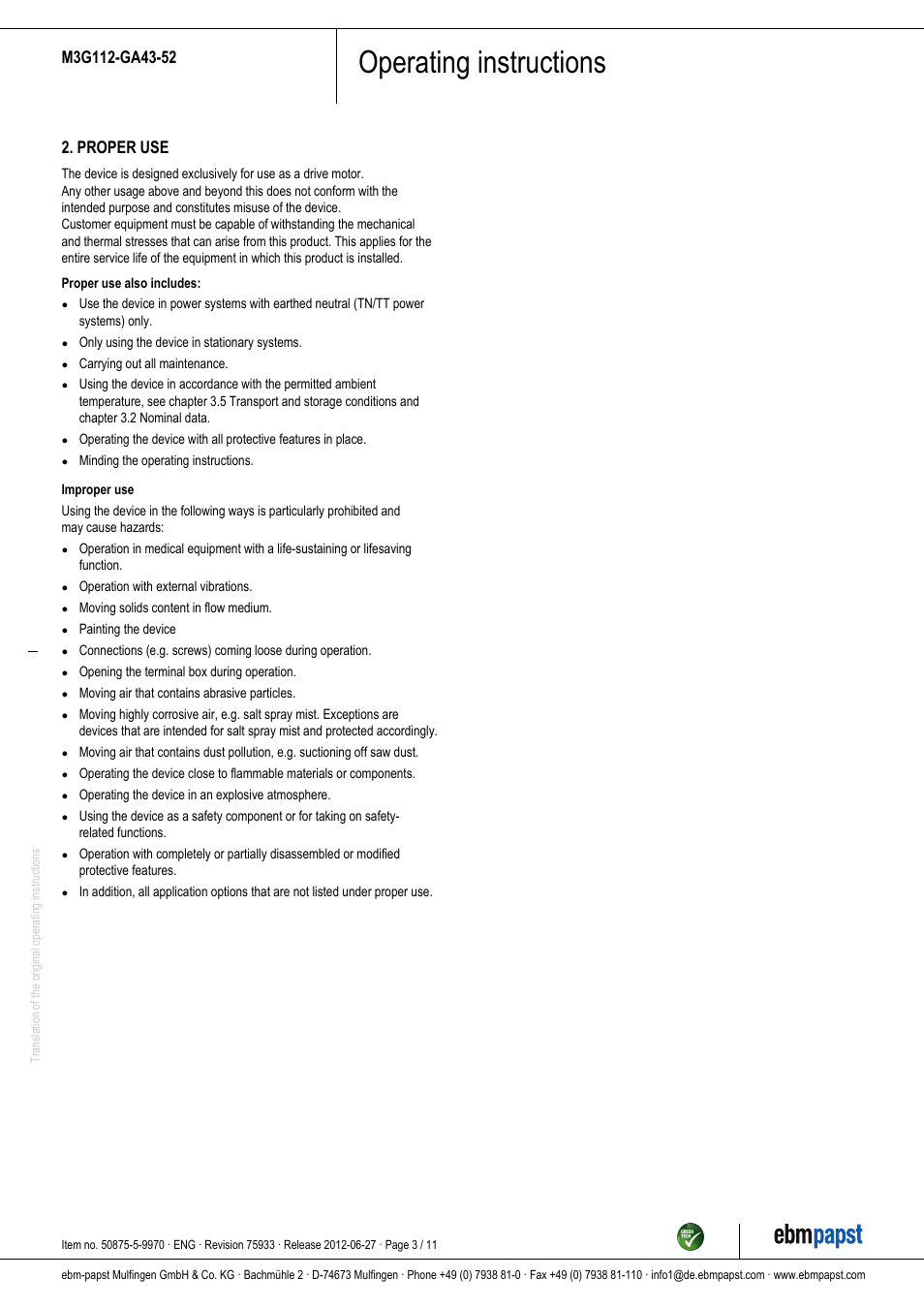 Operating instructions, Proper use | ebm-papst M3G112-GA43-52 User Manual | Page 3 / 11