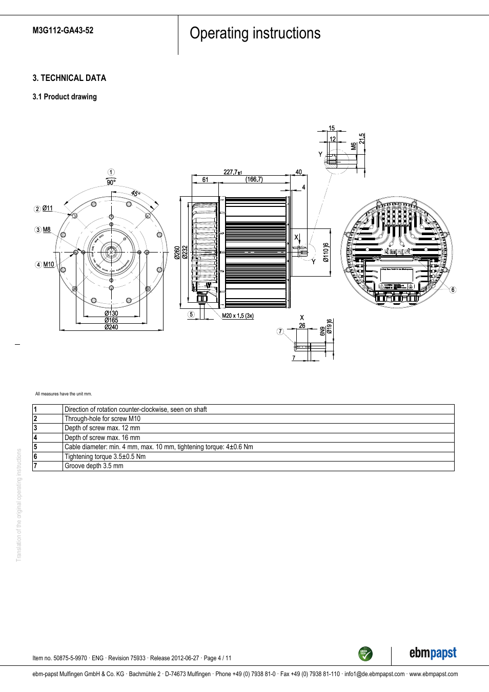 Operating instructions | ebm-papst M3G112-GA43-52 User Manual | Page 4 / 11
