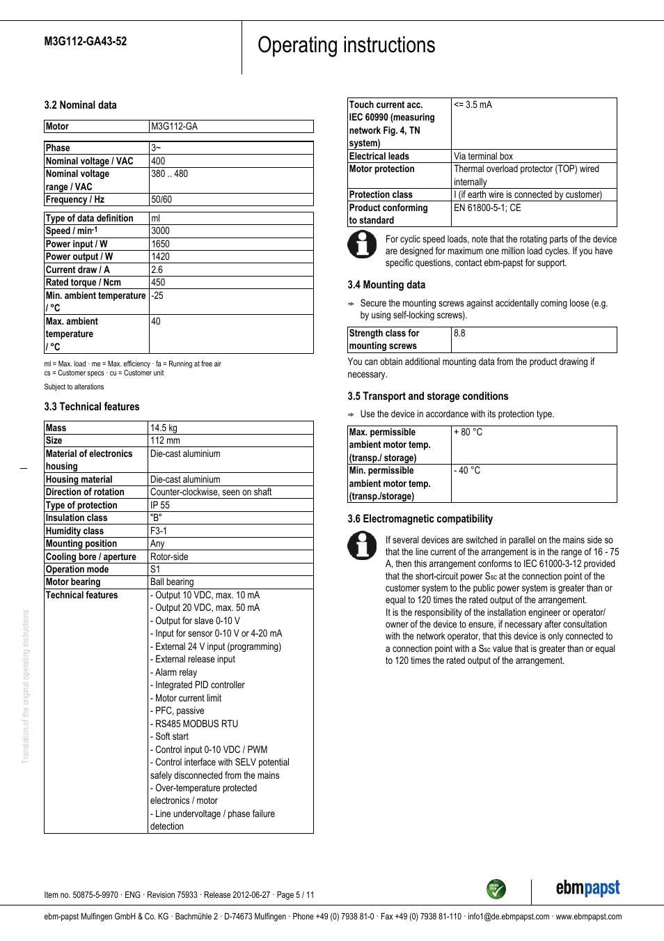 Operating instructions | ebm-papst M3G112-GA43-52 User Manual | Page 5 / 11