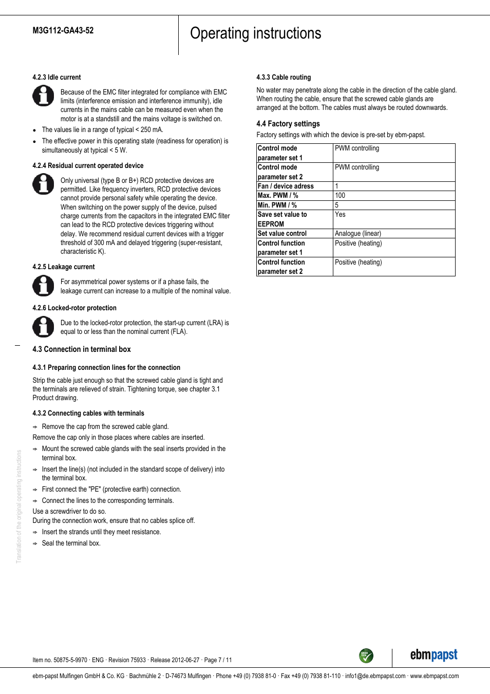 Operating instructions | ebm-papst M3G112-GA43-52 User Manual | Page 7 / 11