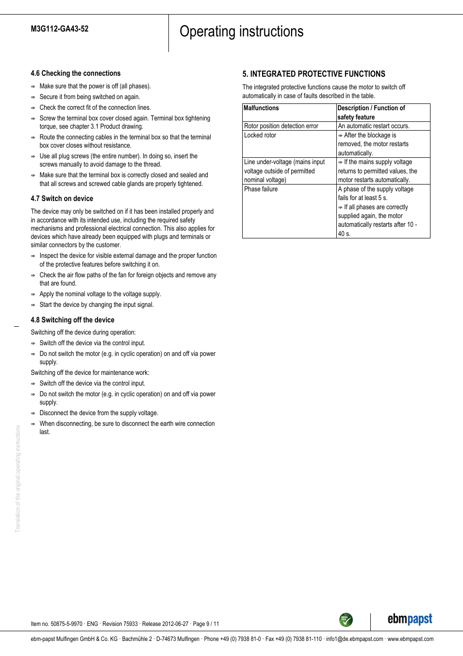 Operating instructions | ebm-papst M3G112-GA43-52 User Manual | Page 9 / 11