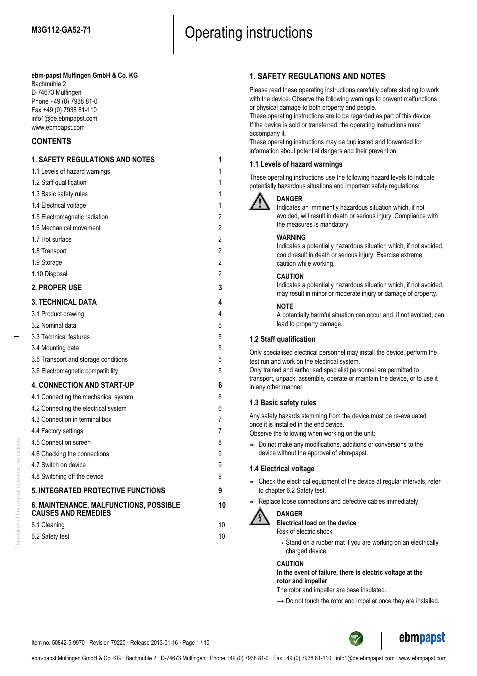 ebm-papst M3G112-GA52-71 User Manual | 10 pages