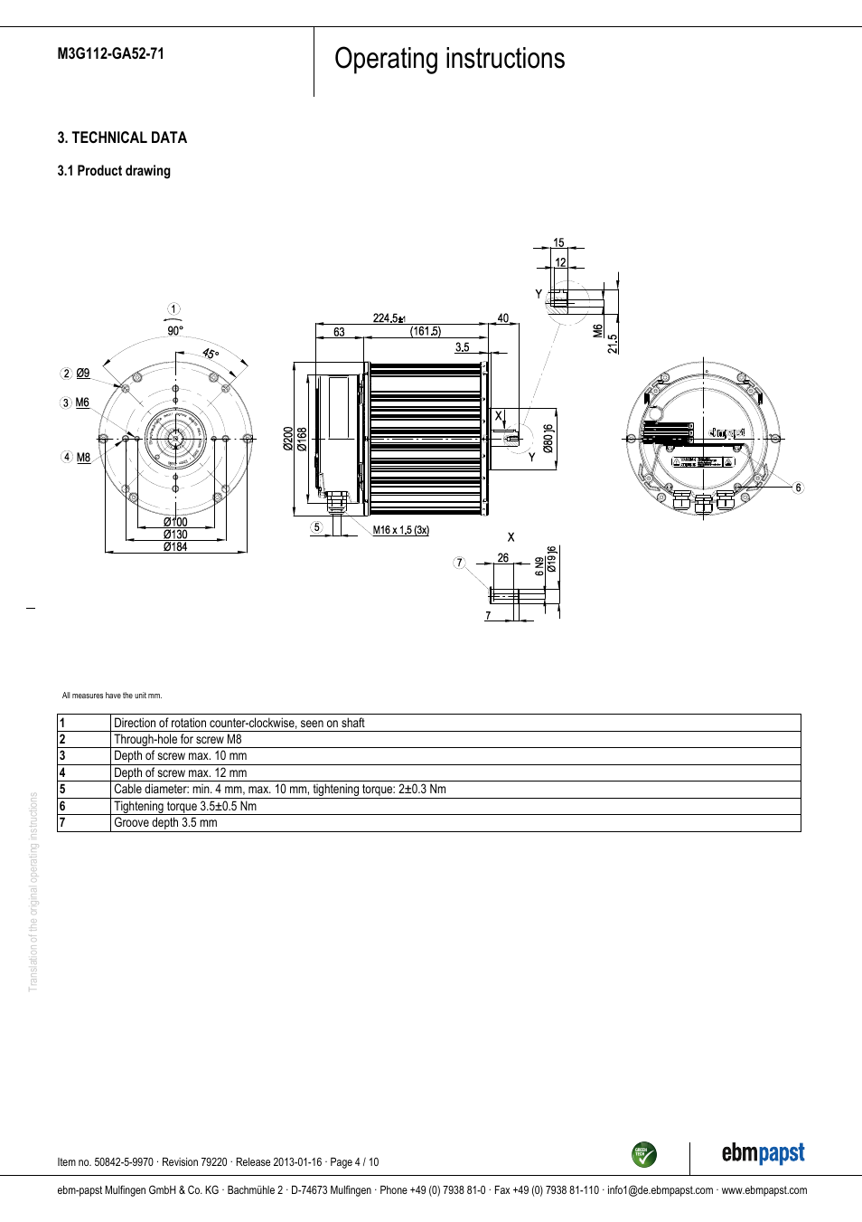 Operating instructions | ebm-papst M3G112-GA52-71 User Manual | Page 4 / 10