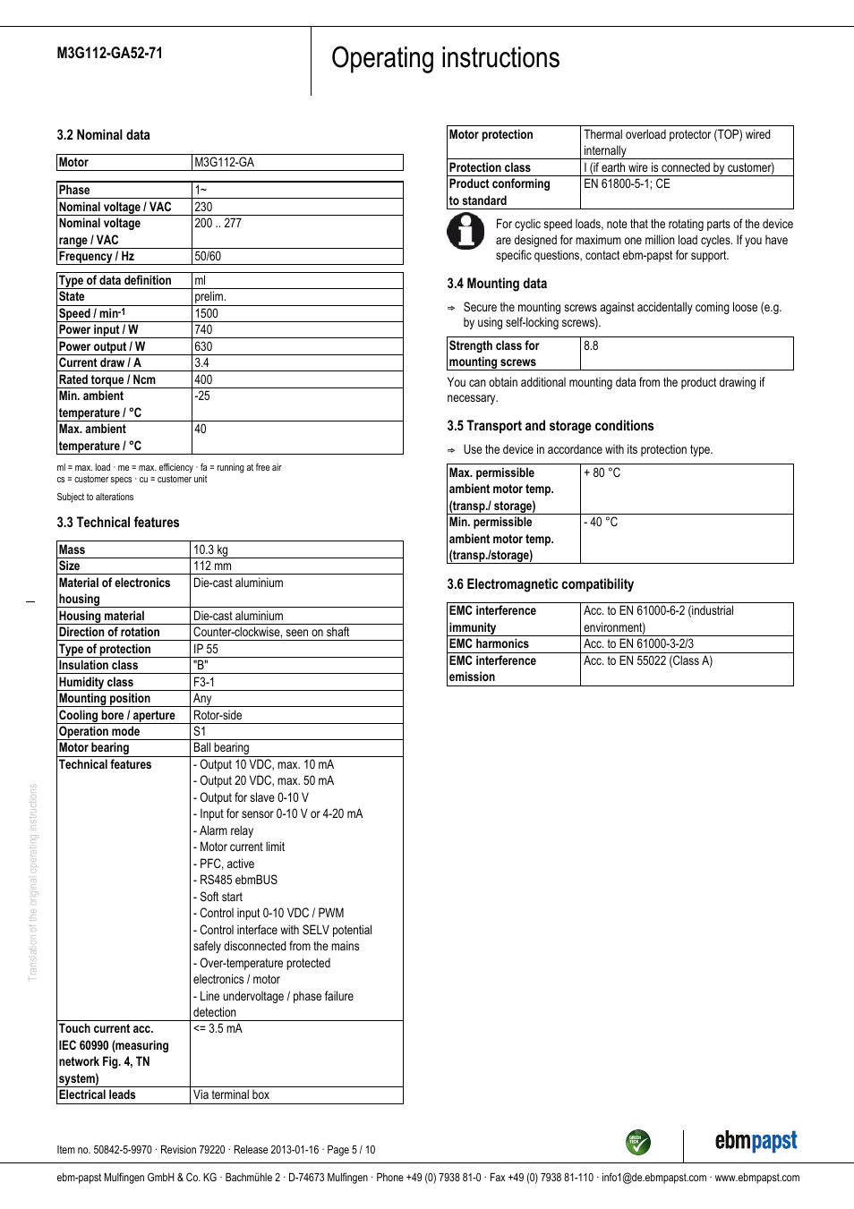 Operating instructions | ebm-papst M3G112-GA52-71 User Manual | Page 5 / 10