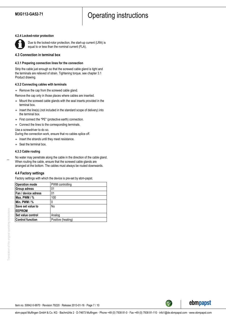 Operating instructions | ebm-papst M3G112-GA52-71 User Manual | Page 7 / 10