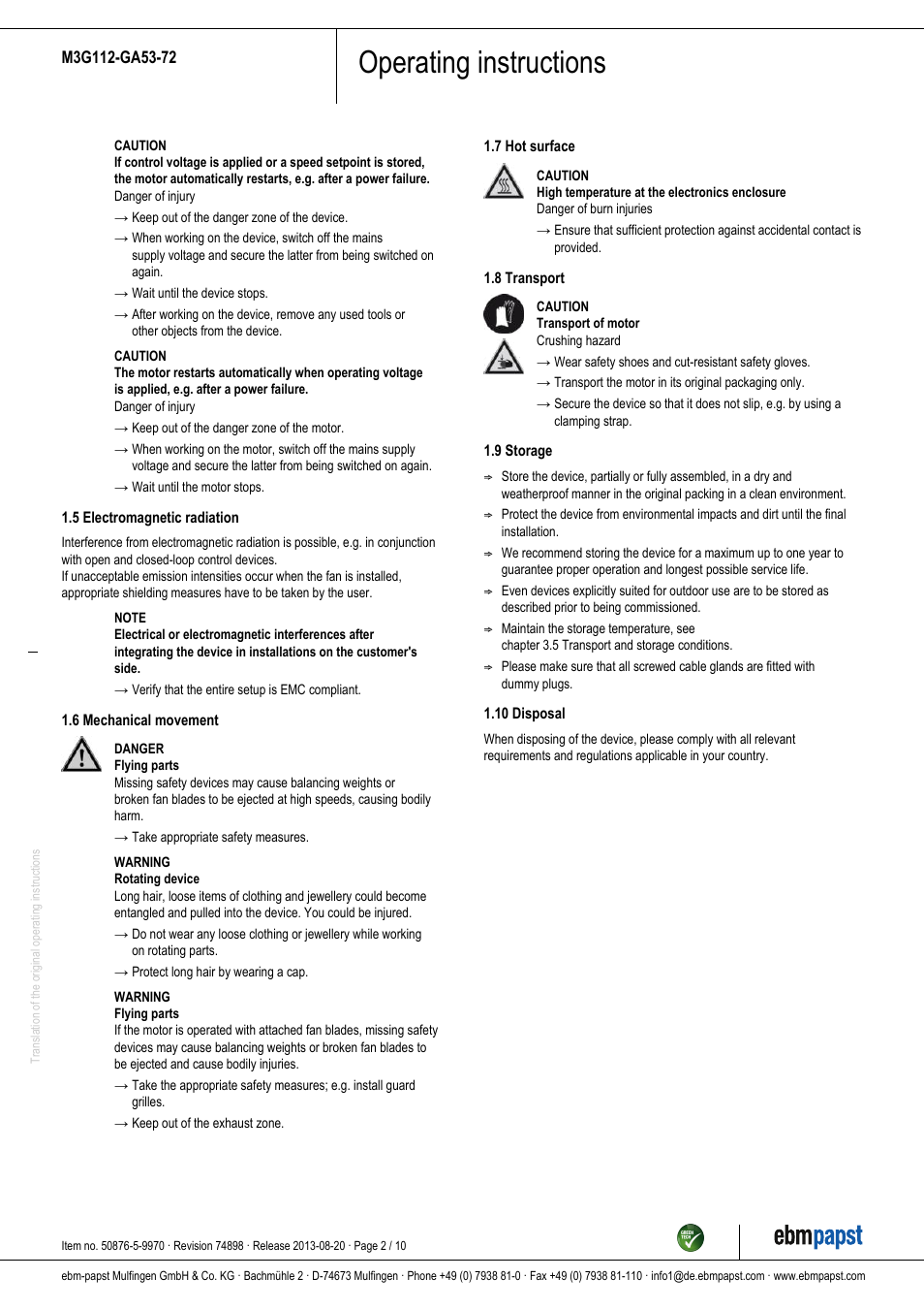 Operating instructions | ebm-papst M3G112-GA53-72 User Manual | Page 2 / 10