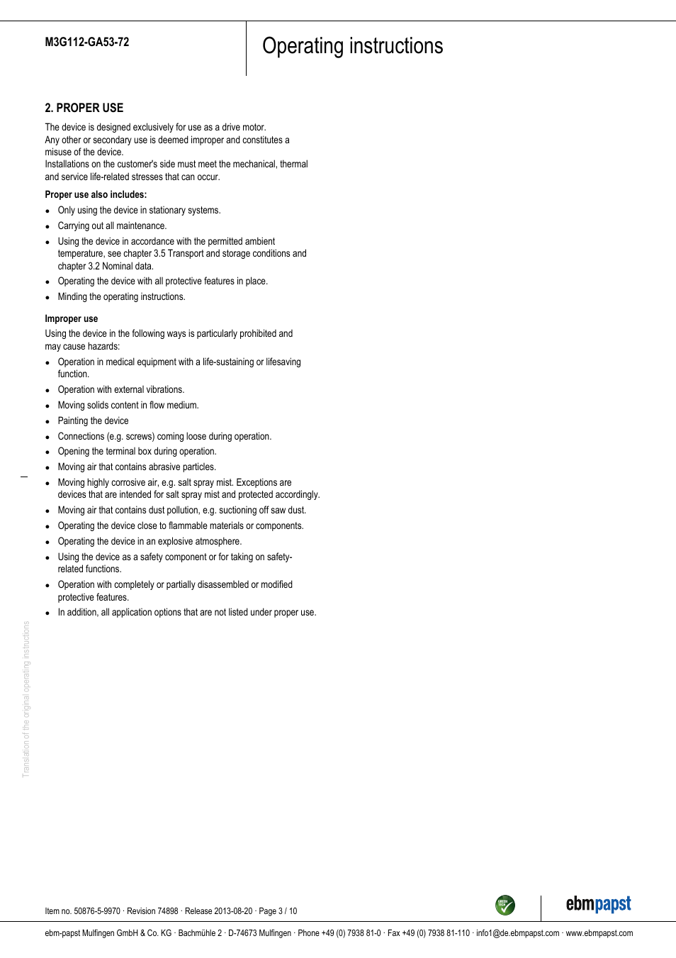 Operating instructions, Proper use | ebm-papst M3G112-GA53-72 User Manual | Page 3 / 10