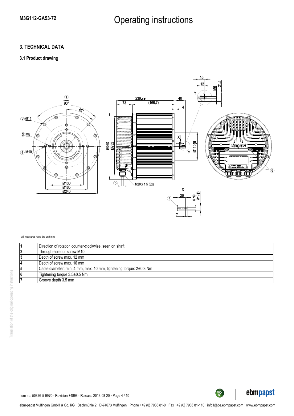 Operating instructions | ebm-papst M3G112-GA53-72 User Manual | Page 4 / 10