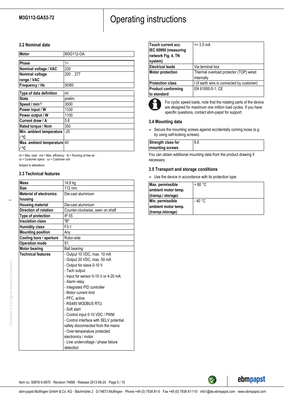 Operating instructions | ebm-papst M3G112-GA53-72 User Manual | Page 5 / 10