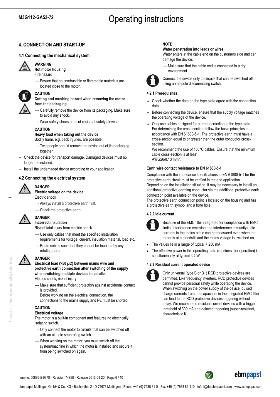Operating instructions | ebm-papst M3G112-GA53-72 User Manual | Page 6 / 10