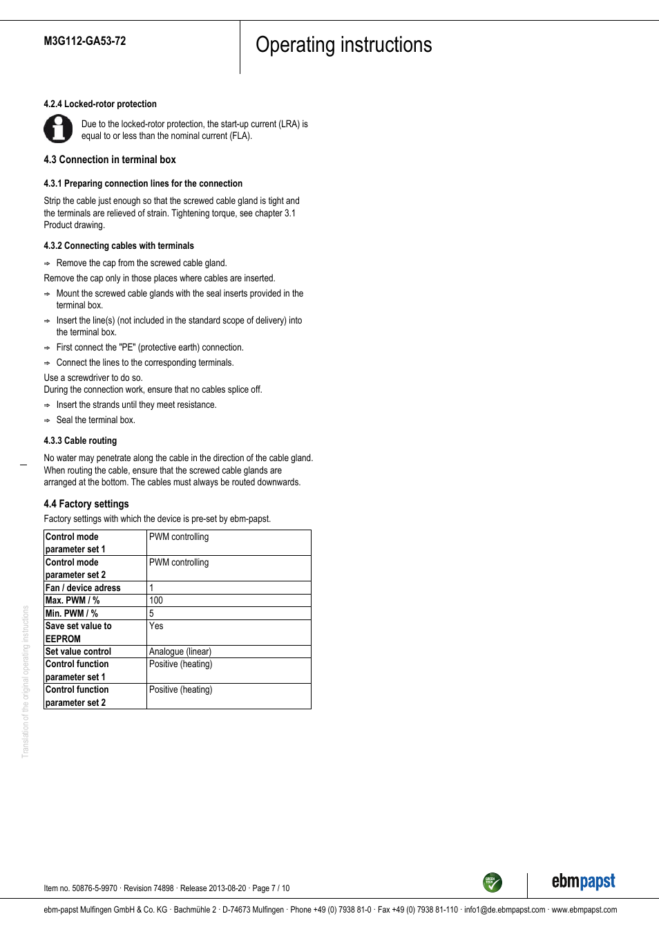 Operating instructions | ebm-papst M3G112-GA53-72 User Manual | Page 7 / 10