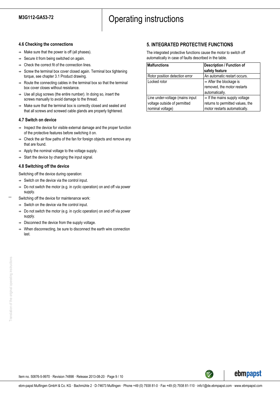 Operating instructions | ebm-papst M3G112-GA53-72 User Manual | Page 9 / 10