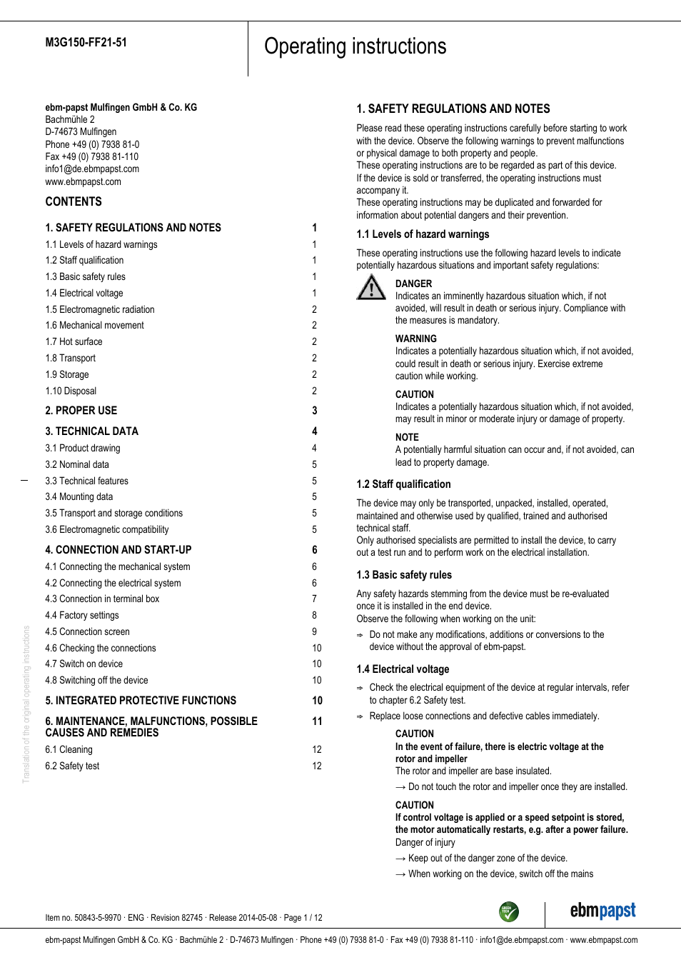 ebm-papst M3G150-FF21-51 User Manual | 12 pages