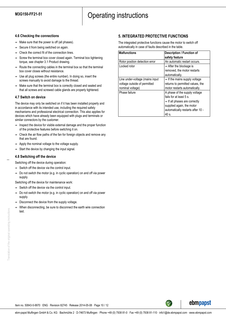 Operating instructions | ebm-papst M3G150-FF21-51 User Manual | Page 10 / 12