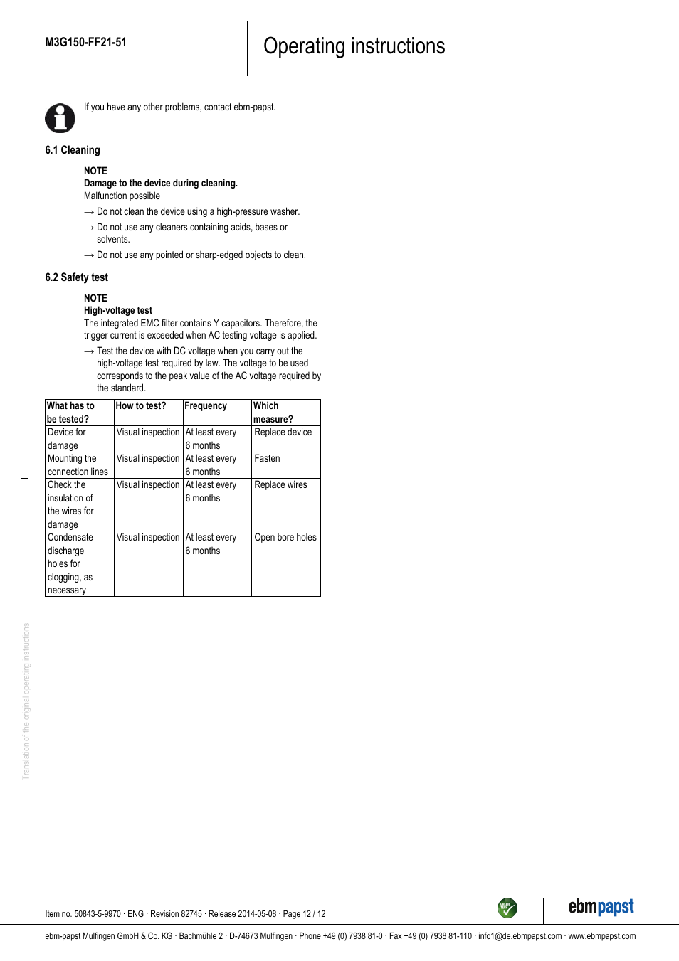 Operating instructions | ebm-papst M3G150-FF21-51 User Manual | Page 12 / 12