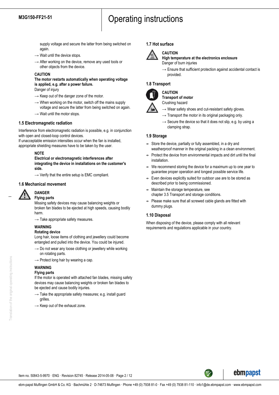 Operating instructions | ebm-papst M3G150-FF21-51 User Manual | Page 2 / 12