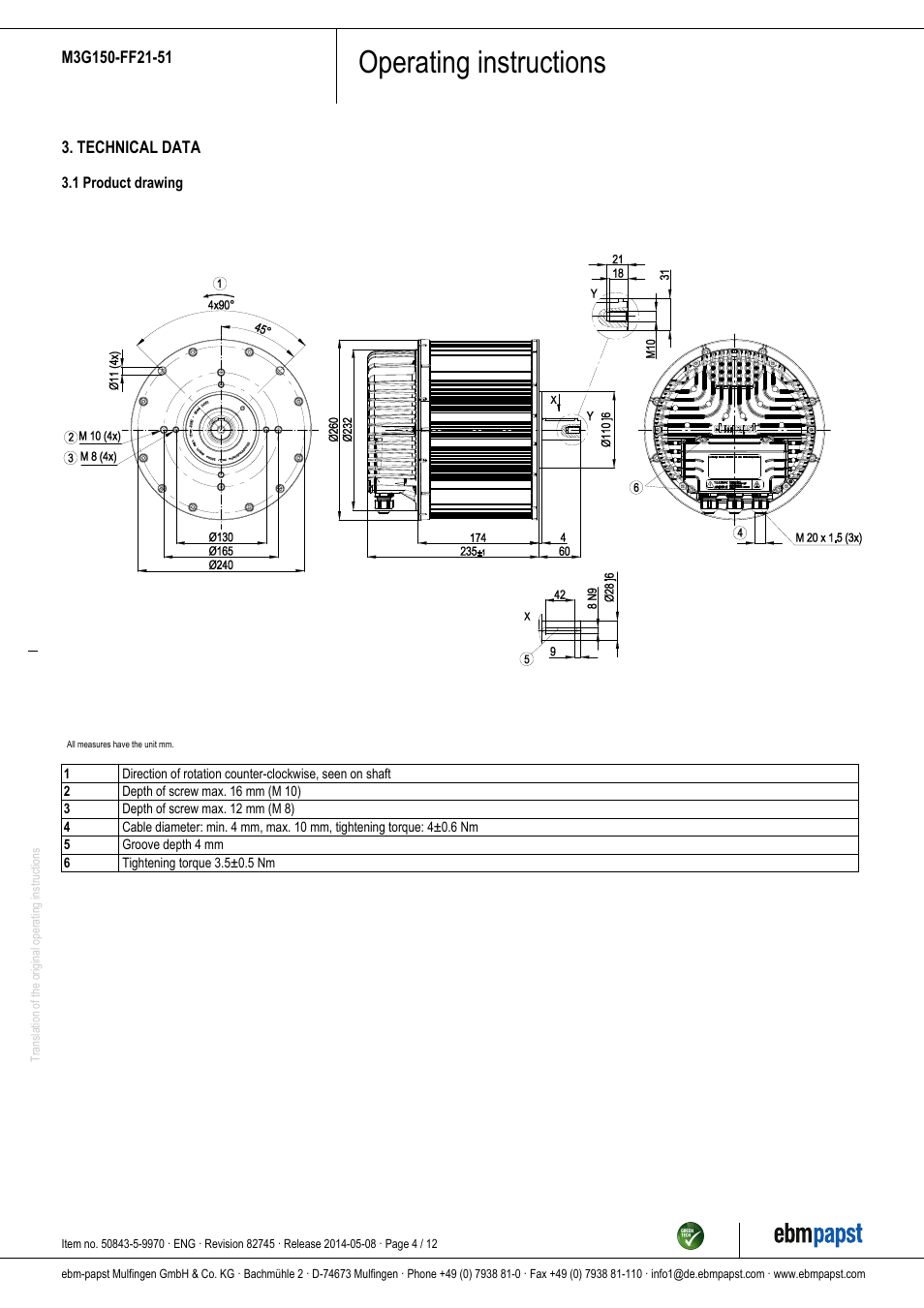 Operating instructions | ebm-papst M3G150-FF21-51 User Manual | Page 4 / 12