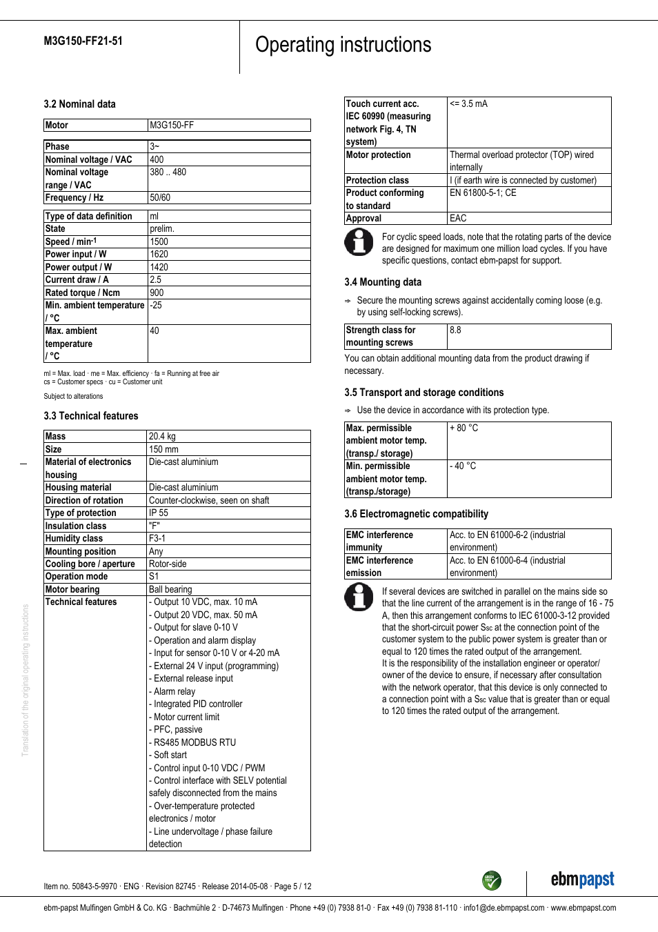 Operating instructions | ebm-papst M3G150-FF21-51 User Manual | Page 5 / 12