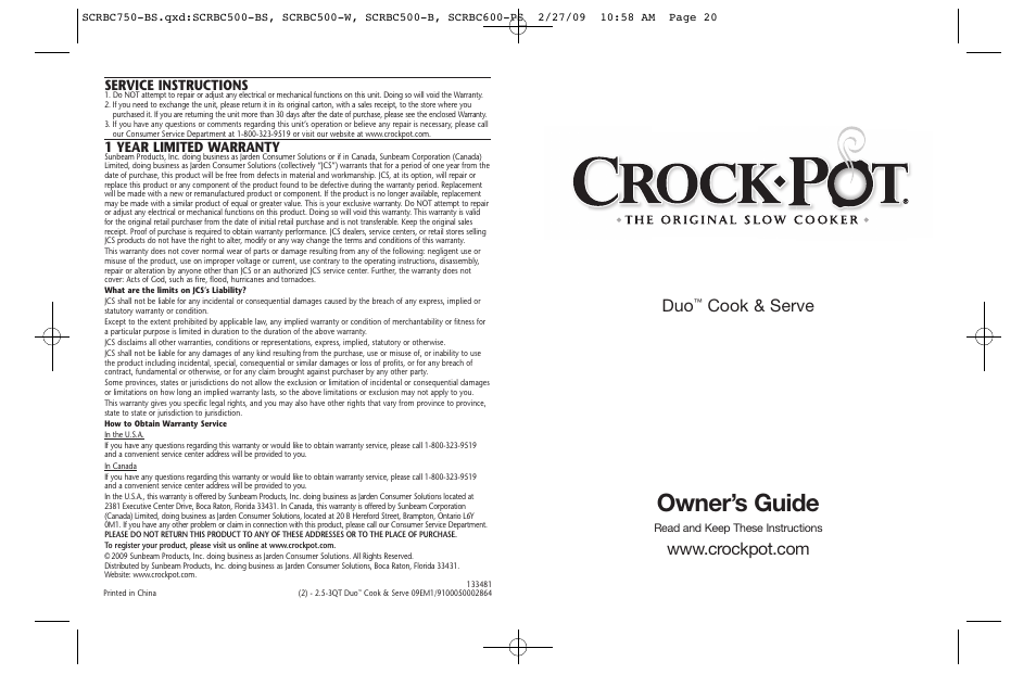Crock-Pot 133481 User Manual | 10 pages