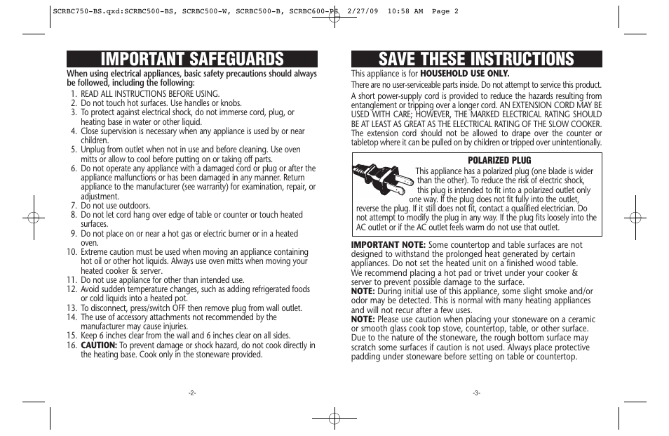 Save these instructions, Important safeguards | Crock-Pot 133481 User Manual | Page 2 / 10