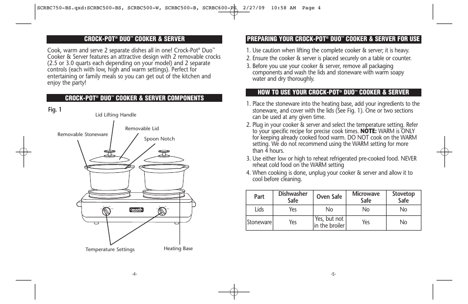 Crock-pot, Cooker & server for use how to use your crock-pot, Cooker & server | Fig. 1 | Crock-Pot 133481 User Manual | Page 3 / 10
