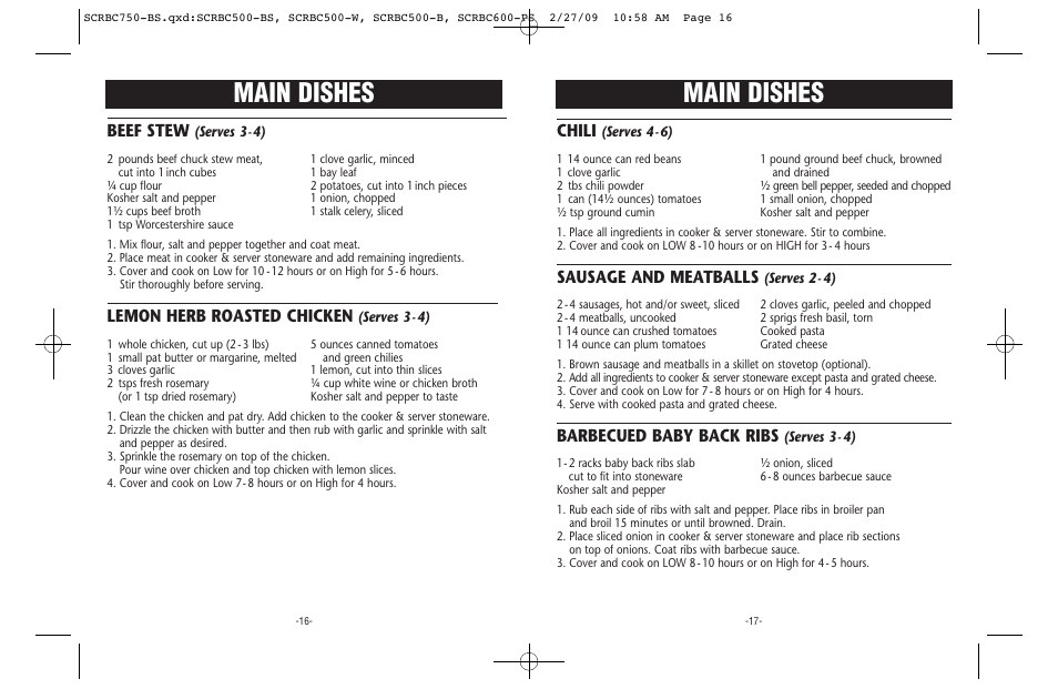 Main dishes, Chili, Sausage and meatballs | Barbecued baby back ribs, Beef stew, Lemon herb roasted chicken | Crock-Pot 133481 User Manual | Page 9 / 10