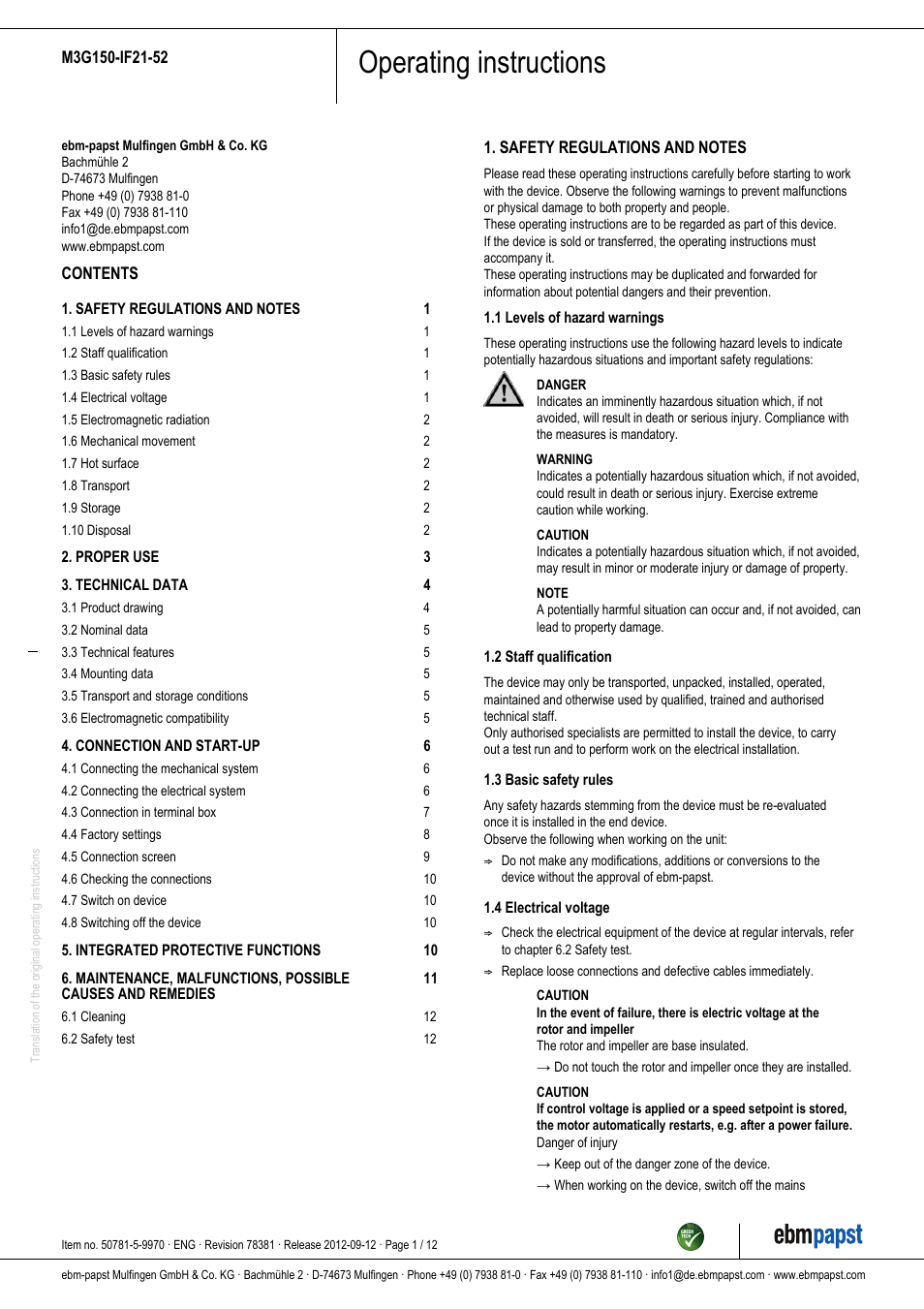ebm-papst M3G150-IF21-52 User Manual | 12 pages