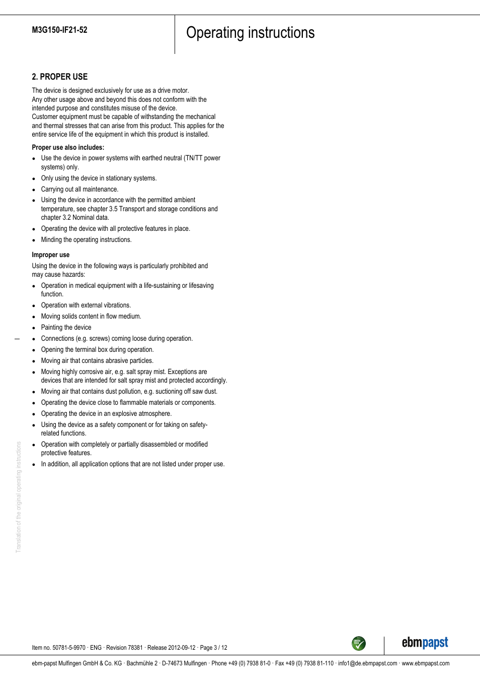 Operating instructions, Proper use | ebm-papst M3G150-IF21-52 User Manual | Page 3 / 12
