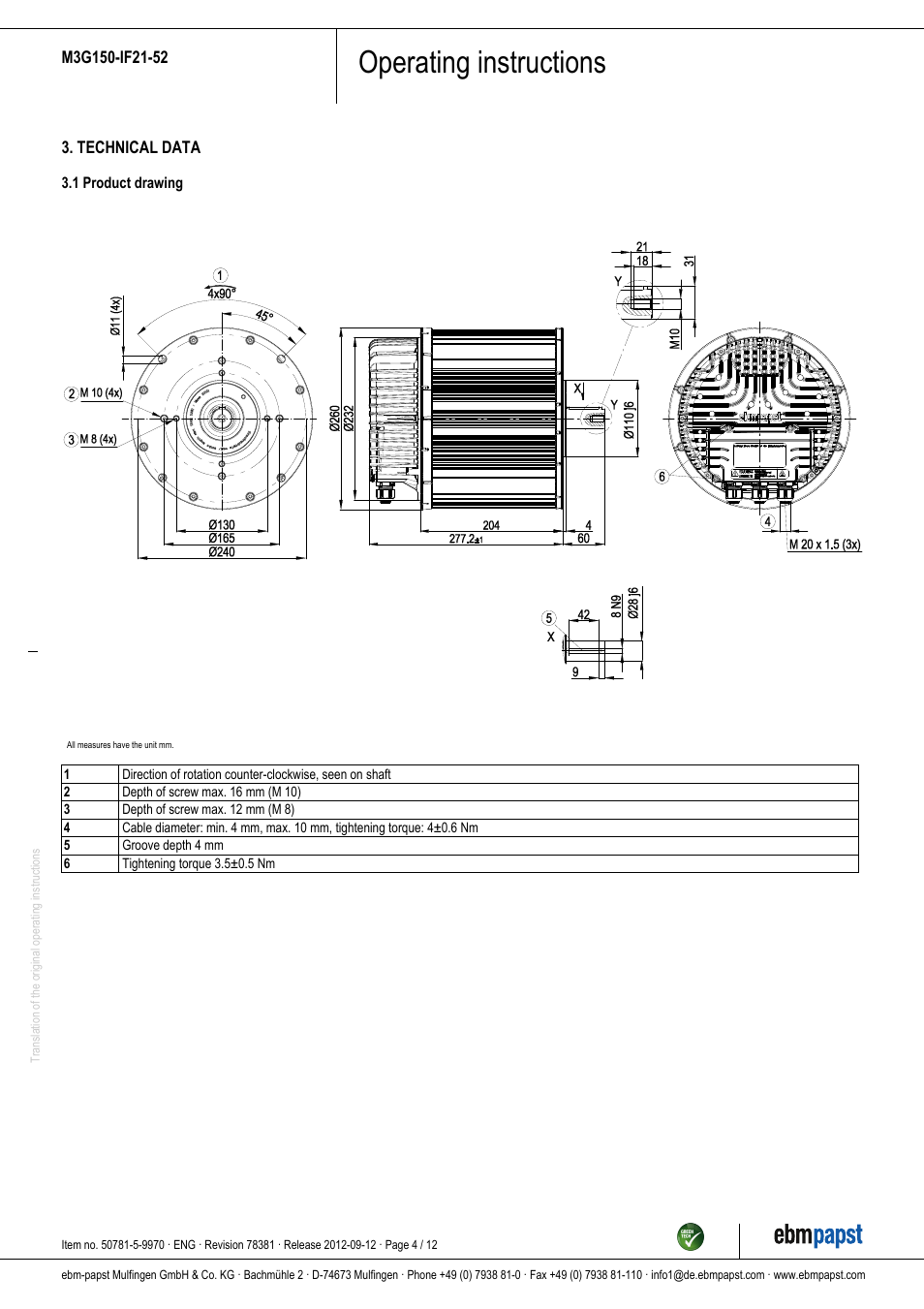 Operating instructions | ebm-papst M3G150-IF21-52 User Manual | Page 4 / 12
