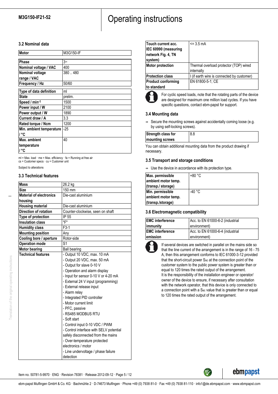 Operating instructions | ebm-papst M3G150-IF21-52 User Manual | Page 5 / 12