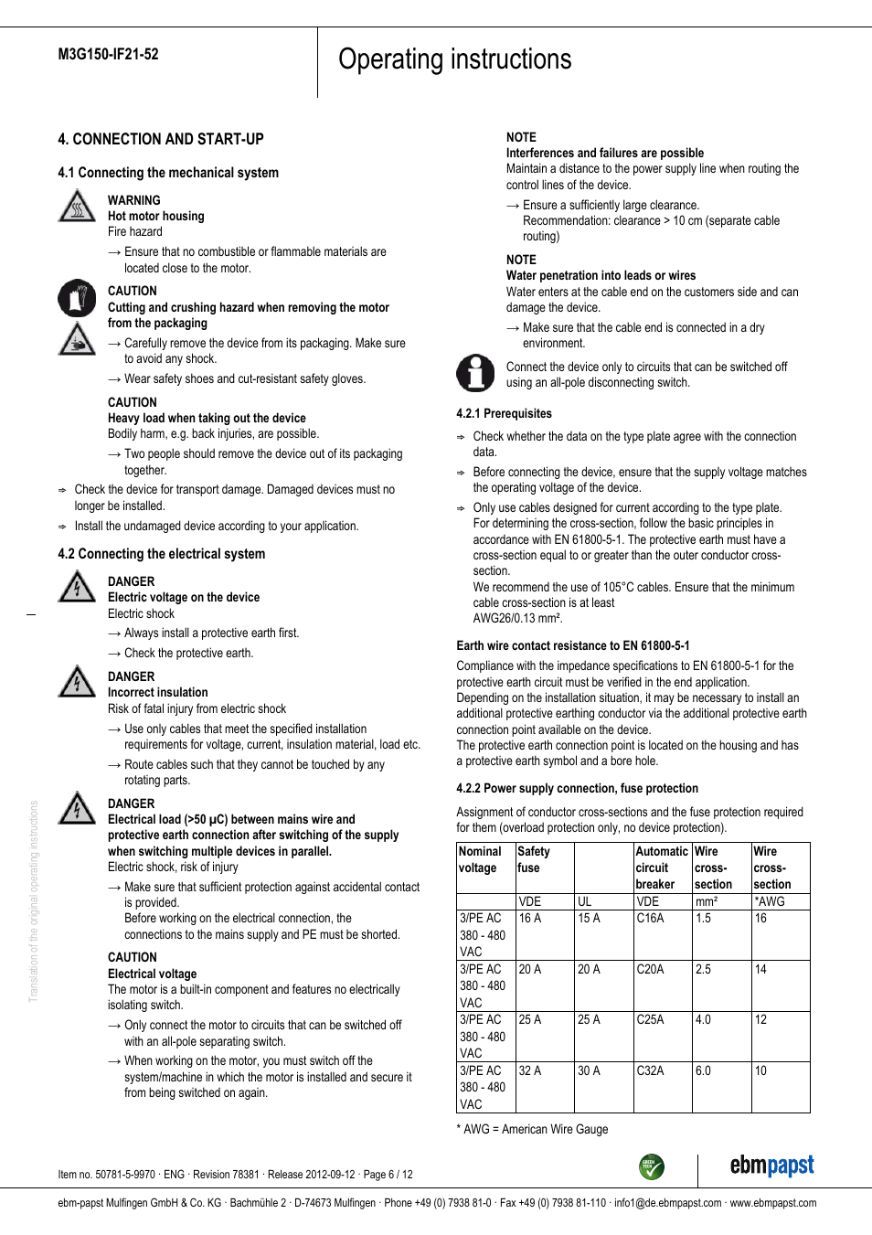 Operating instructions | ebm-papst M3G150-IF21-52 User Manual | Page 6 / 12