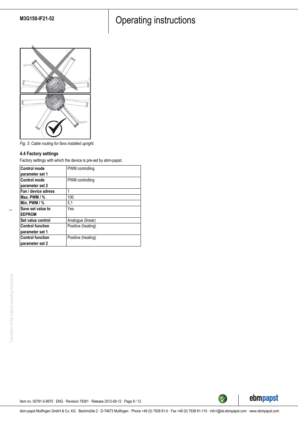 Operating instructions | ebm-papst M3G150-IF21-52 User Manual | Page 8 / 12